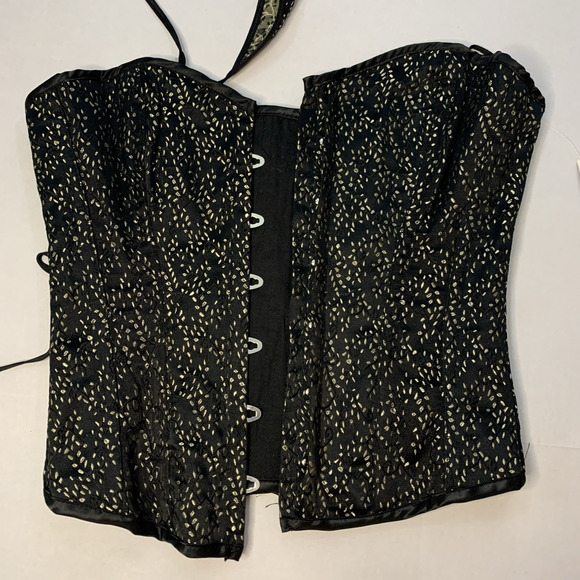 iCollection Boudior Lace Corset Thong Set Sz 36 Black Gold Brocade Pin Up Glam - Picture 5 of 16